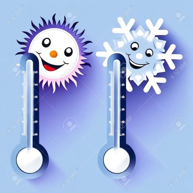 Dwa termometry, wysokie i niskie temperatury. Słońce i śniegu z uśmiechem. Vector obraz.