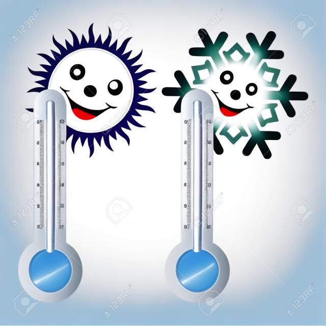 Deux thermomètres, haute et basse température. Soleil et flocon de neige avec un sourire. Vector image.