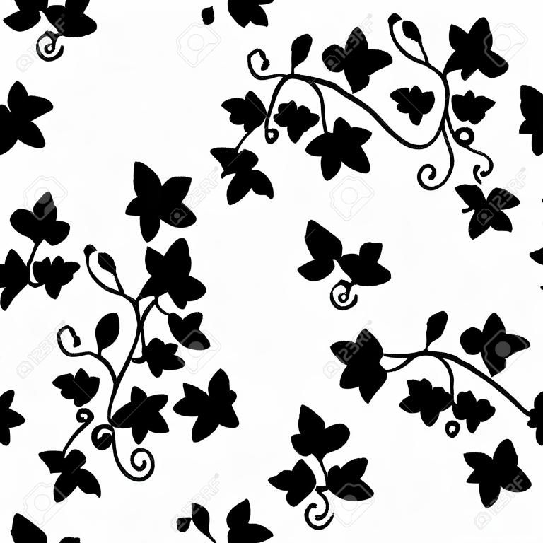 Black and white doodle ivy leaves pattern