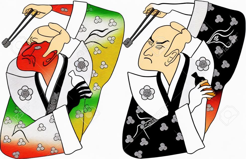 武士拿著壽司卷在筷子的黑白和彩色的變化