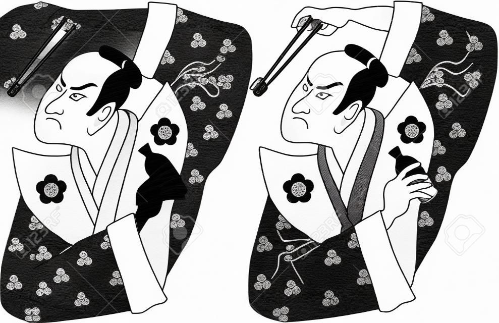 Çubuklarını bir suşi rulo tutan bir samuray Siyah ve beyaz ve renkli varyasyonlar