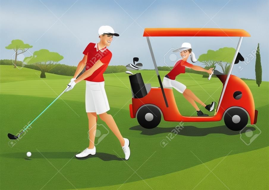 Casal jovem jogando golfe