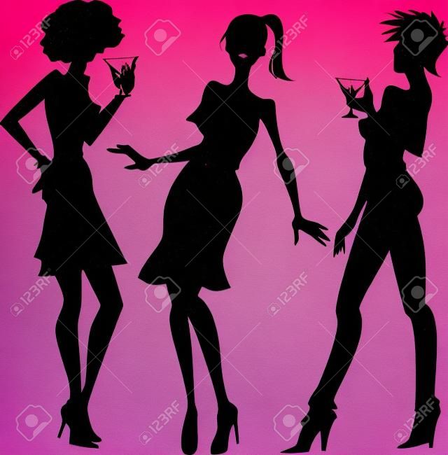 Three party girls black silhouettes with pink details