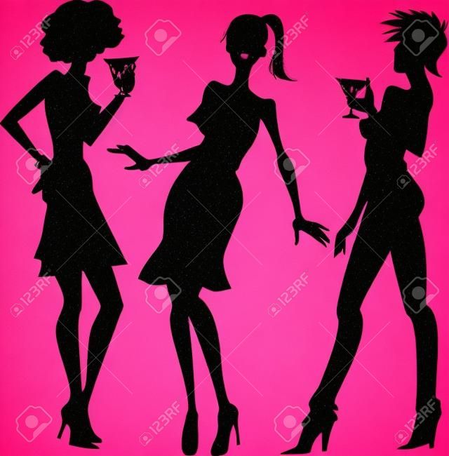 Trzy dziewczyny z podmiotami czarne sylwetki z różowymi szczegóły
