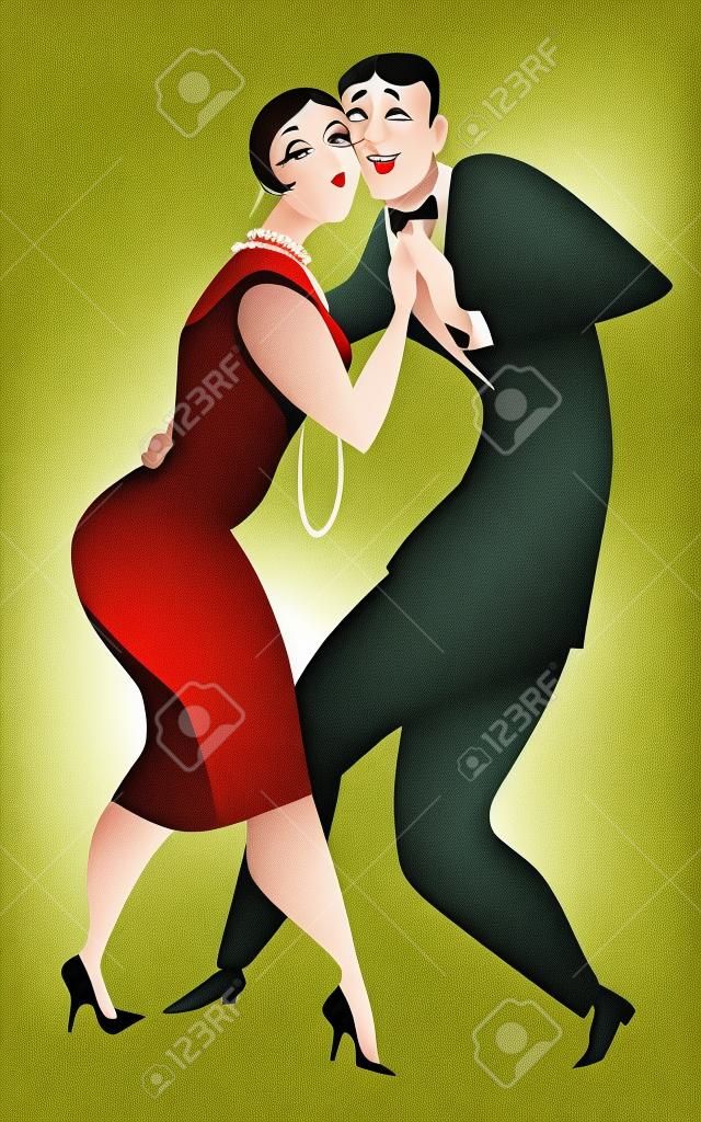 Cartoon Paar in Stil der 1920er Jahre tanzt Tango Illustration gekleidet