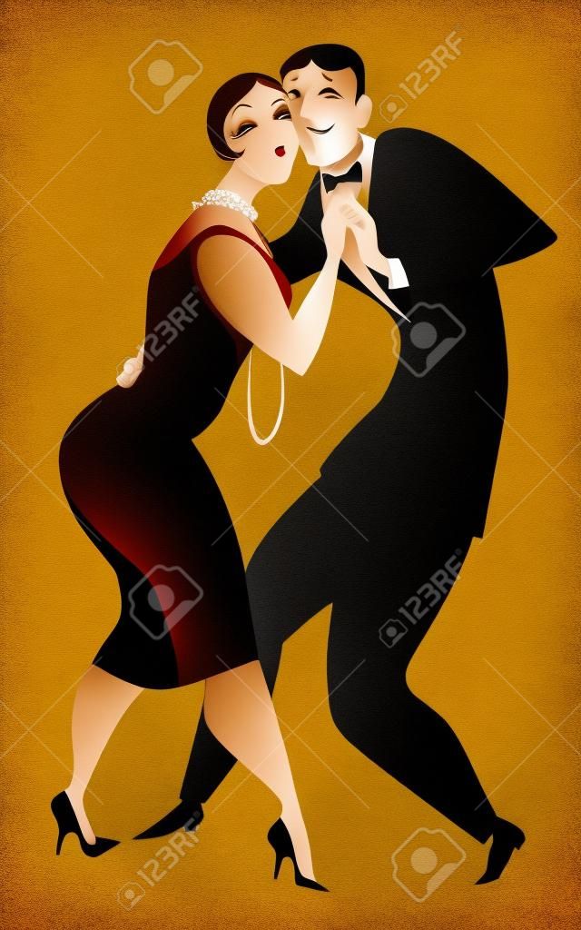 Cartoon pár öltözött 1920-stílusban táncol a tangó illusztráció