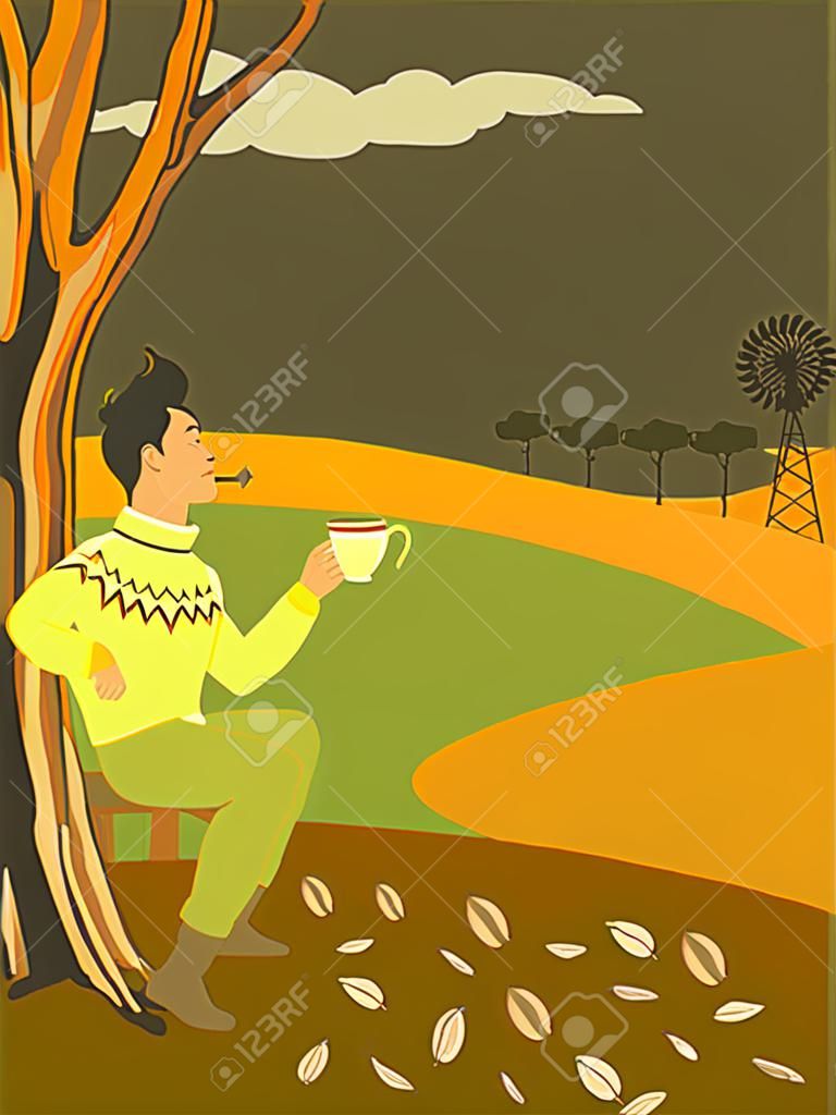 Hombre que toma un descanso de rastrillar las hojas, bebiendo una bebida caliente, mirando una vista al campo, ilustración vectorial, sin transparencias