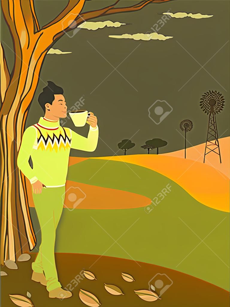 Hombre que toma un descanso de rastrillar las hojas, bebiendo una bebida caliente, mirando una vista al campo, ilustración vectorial, sin transparencias