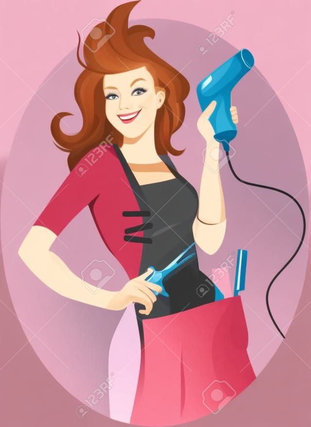 理发师年轻的红发女人摆了个吹风机和剪刀的矢量插图不透明度EPS 8