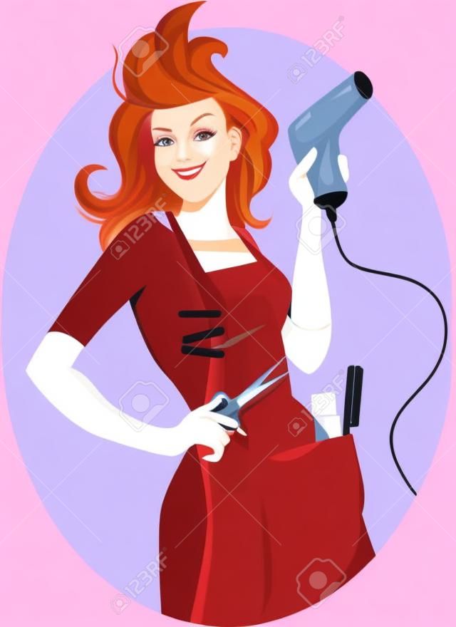 Friseur. Junge rothaarige Frau posiert mit einem Haartrockner und Schere, Vektor Illustration, EPS keine Transparentfolien 8