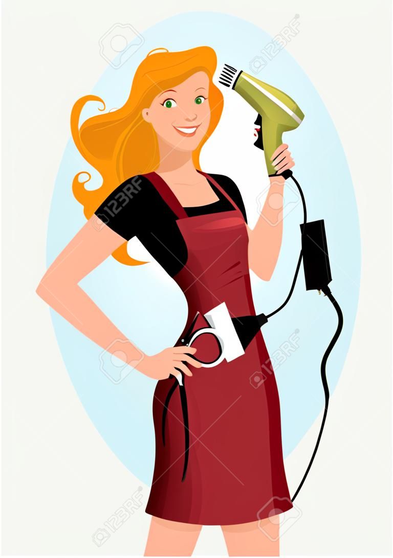 理发师年轻的红发女人摆了个吹风机和剪刀的矢量插图不透明度EPS 8