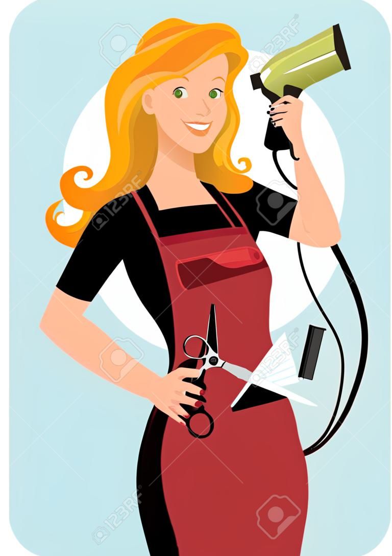 Coiffeur. Jeune femme rousse posant avec un sèche-cheveux et des ciseaux, illustration vectorielle, pas transparents EPS 8
