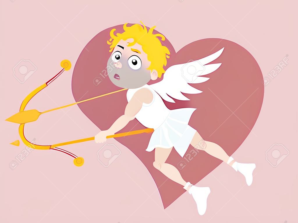 Battuto Cupido con una freccia spezzata, cuore spezzato sullo sfondo, vettore cartone animato