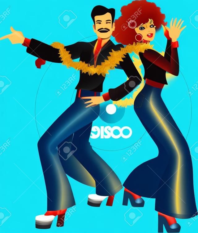 Young couple dressed in 1970s fashion dancing disco, vinyl record on the background, vector illustration, no transparencies