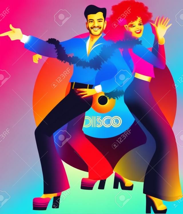 Young couple dressed in 1970s fashion dancing disco, vinyl record on the background, vector illustration, no transparencies