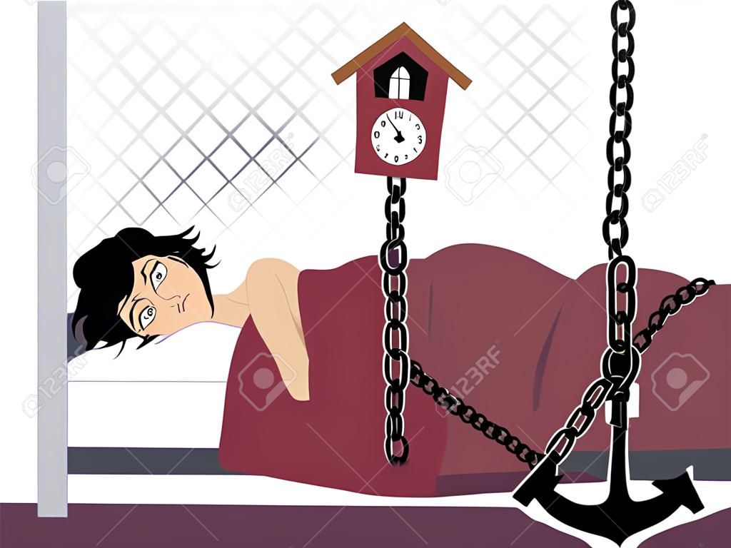 Tired woman lying in her bed early in the morning chained to a heavy anchor vector illustration 
