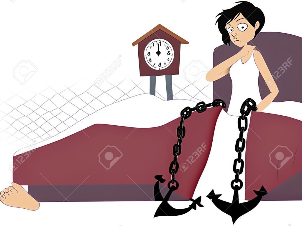 Tired woman lying in her bed early in the morning chained to a heavy anchor vector illustration 