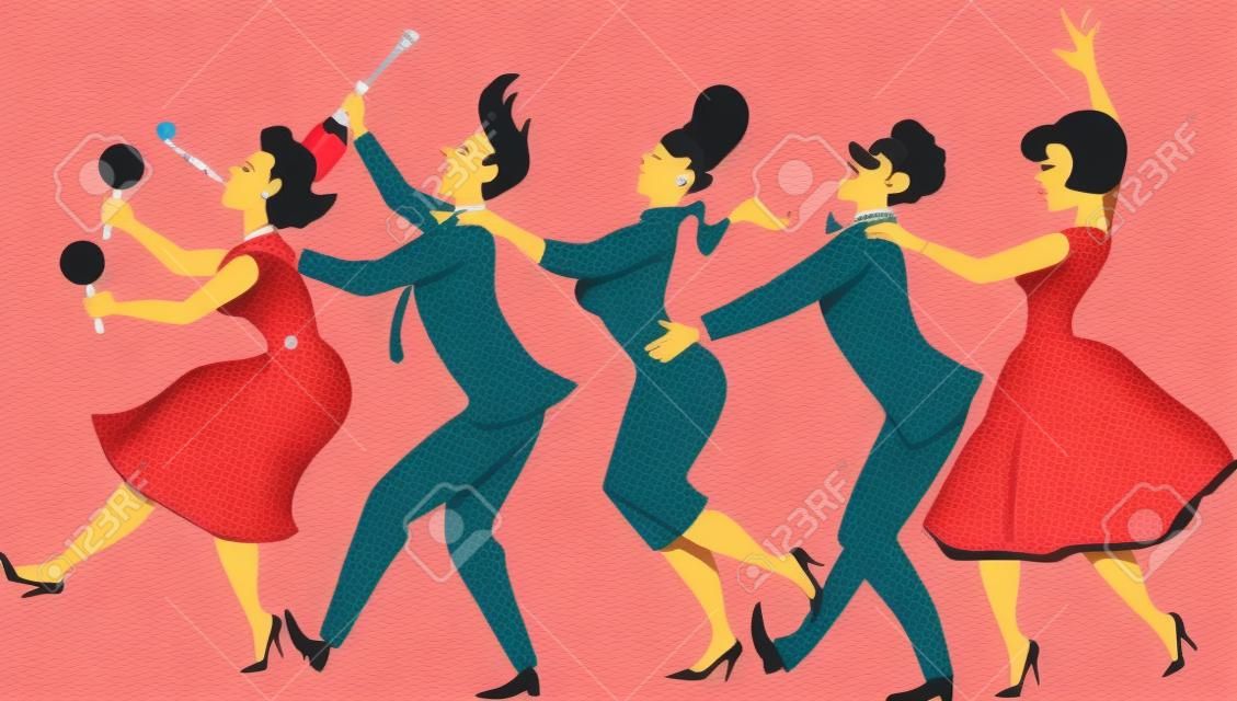 Grupo de pessoas vestidas no final dos anos 1950 início dos anos 1960 moda dança conga com apito festa maracas e uma garrafa de ilustração vetorial campanha sem transparências EPS 8