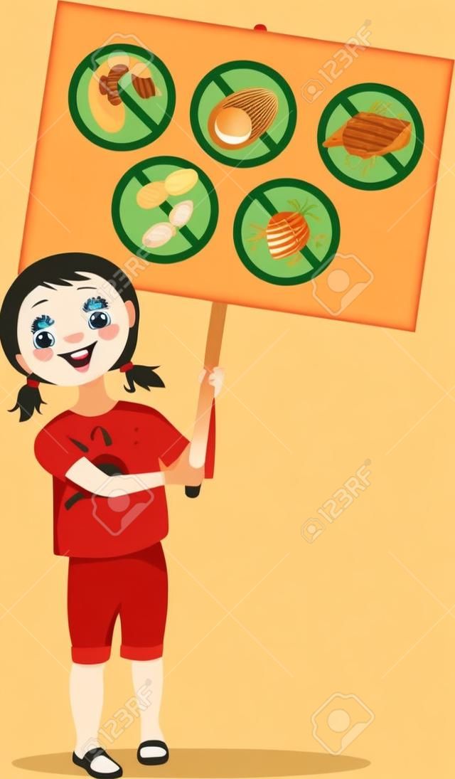 Cute cartoon girl holding a poster with warning signs for typical food allergens: shellfish, peanuts, eggs, dairy and fruits, vector illustration, EPS 8