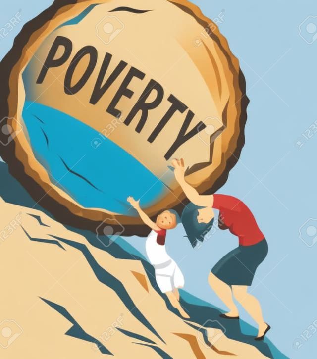 Een vrouw duwt een rots met het woord armoede geschreven op de heuvel, een kleine jongen die haar helpt, vector illustratie, geen transparantie, EPS 8