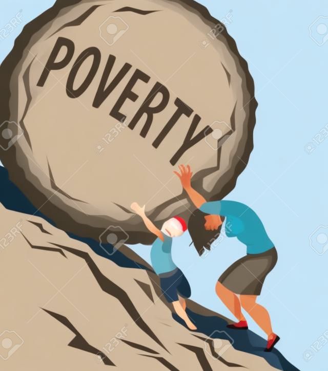 Woman pushing a rock with the word poverty written on it uphill, a little boy helping her, vector illustration, no transparencies, EPS 8