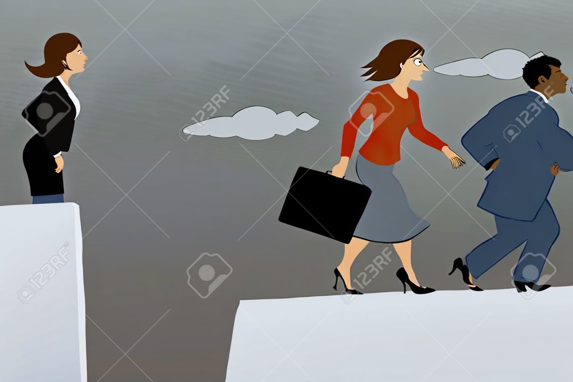 Senior woman standing on the edge of the gap, separated her from competing younger employees, vector illustration, EPS 8