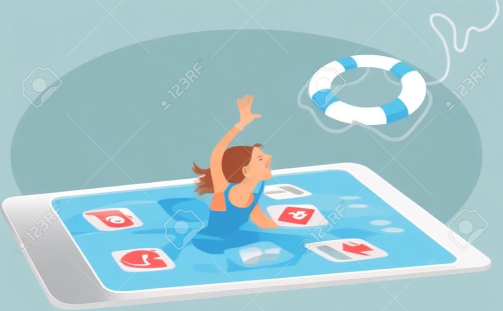 Adolescente que se ahoga en una pantalla de teléfono inteligente, para llegar a un salvavidas, ilustración vectorial, sin transparencias, ninguna malla
