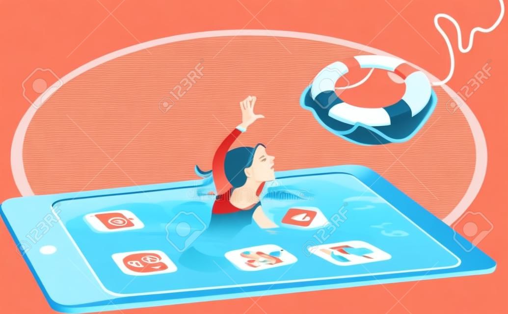 Adolescente que se ahoga en una pantalla de teléfono inteligente, para llegar a un salvavidas, ilustración vectorial, sin transparencias, ninguna malla