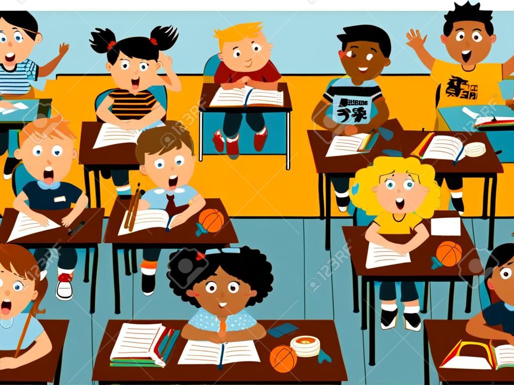 Sala de aula da escola primária cheia de diversos personagens infantis, ilustração vetorial EPS 8