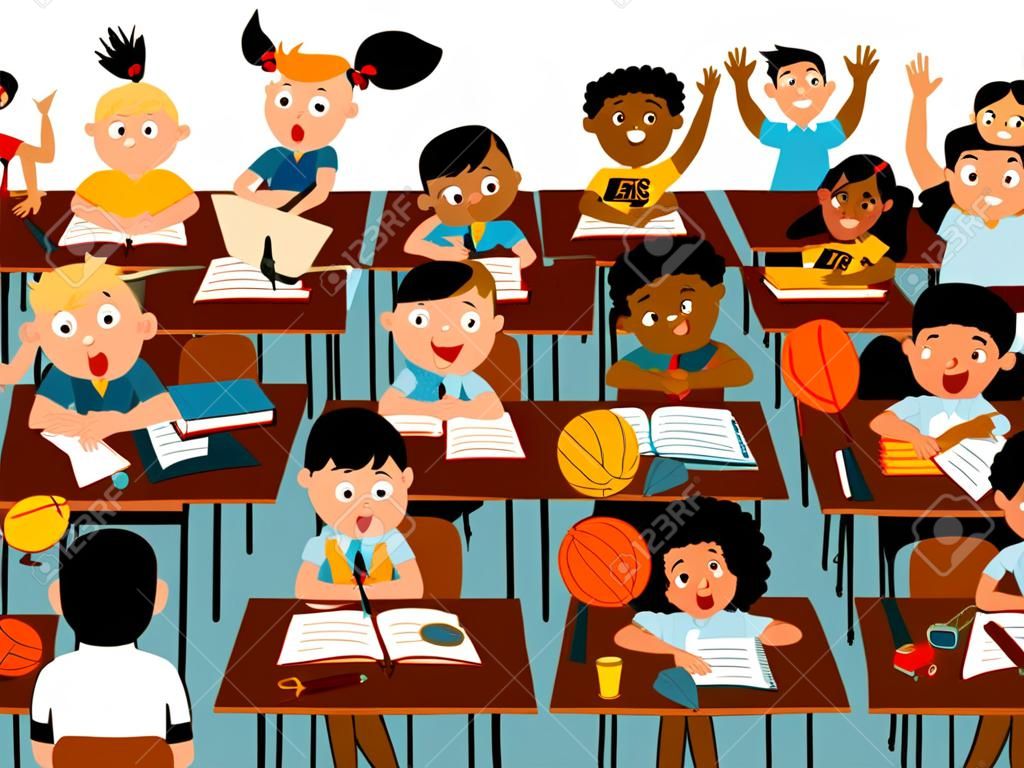 Basisschool klaslokaal gevuld met diverse kinderen karakters, EPS 8 vector illustratie