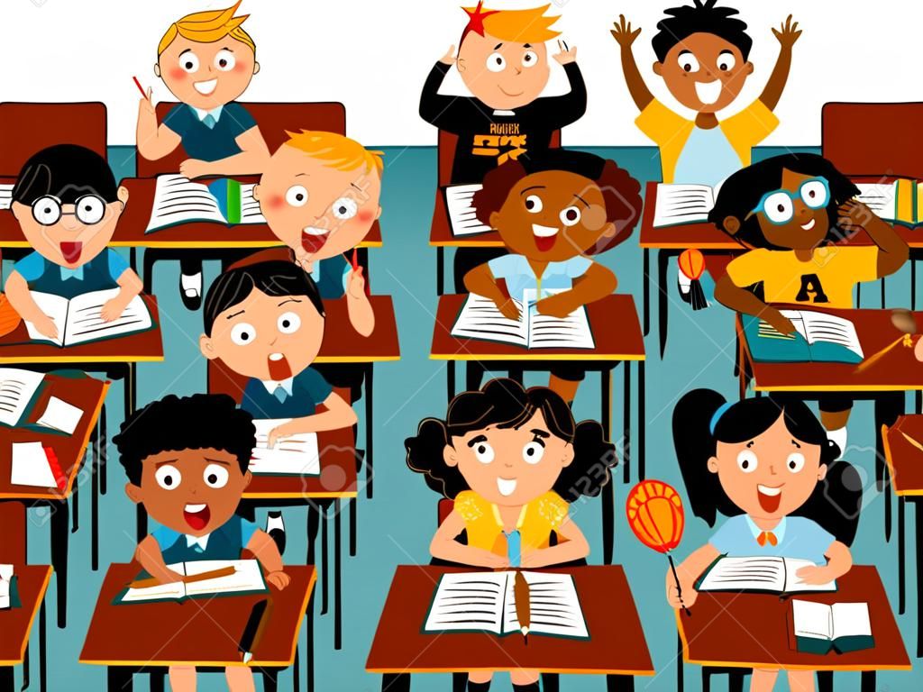 Basisschool klaslokaal gevuld met diverse kinderen karakters, EPS 8 vector illustratie