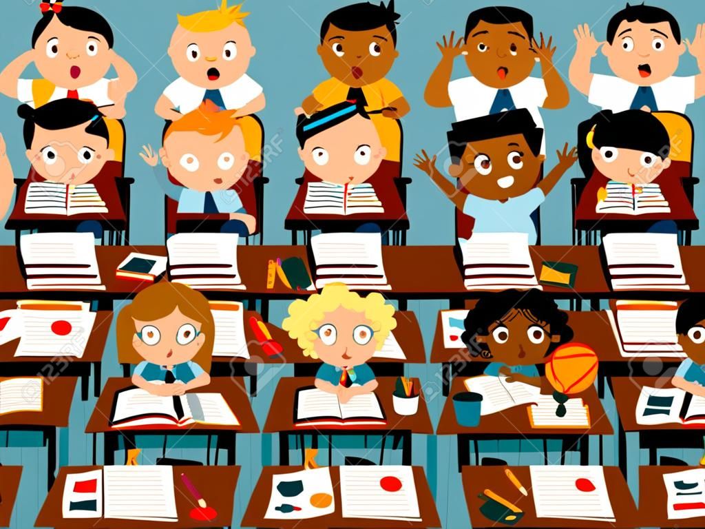 Elementary school classroom filled with diverse children characters, EPS 8 vector illustration