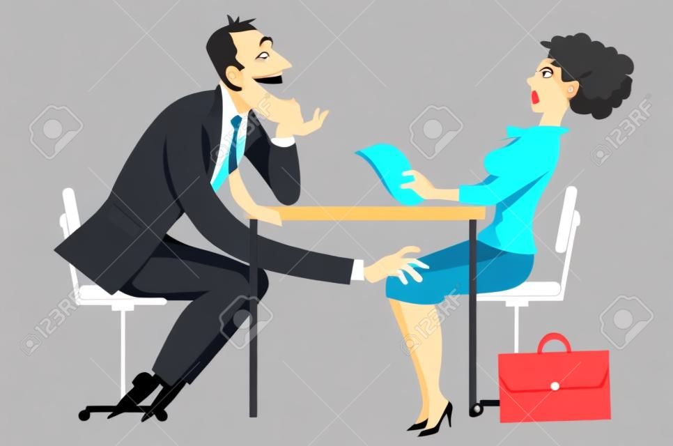 hombre de negocios de mala calidad acosar a un compañero de trabajo femenino sorprendida, EPS8 ilustración vectorial, no transparencias