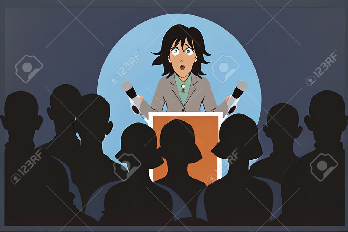 Aterrorizado orador feminino em um palco na frente do público, EPS 8 ilustração vetorial, sem transparências