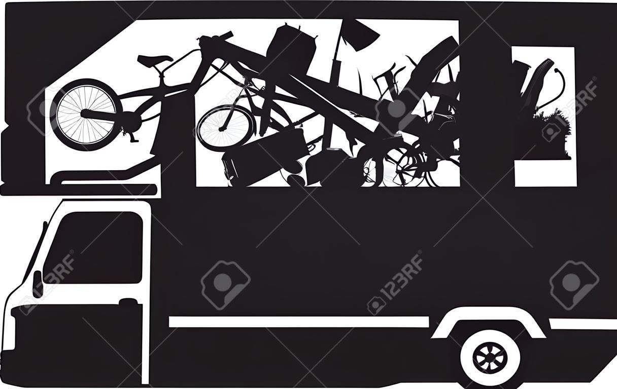 Black vector silhouette of a waste collection truck filled with garbage