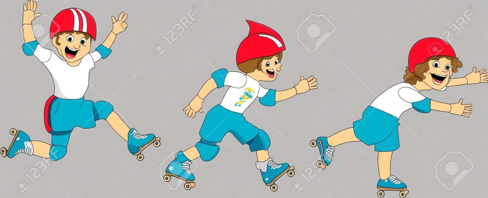 Tre piccoli personaggi dei cartoni animati ragazzi pattinaggio a rotelle, isolato su bianco