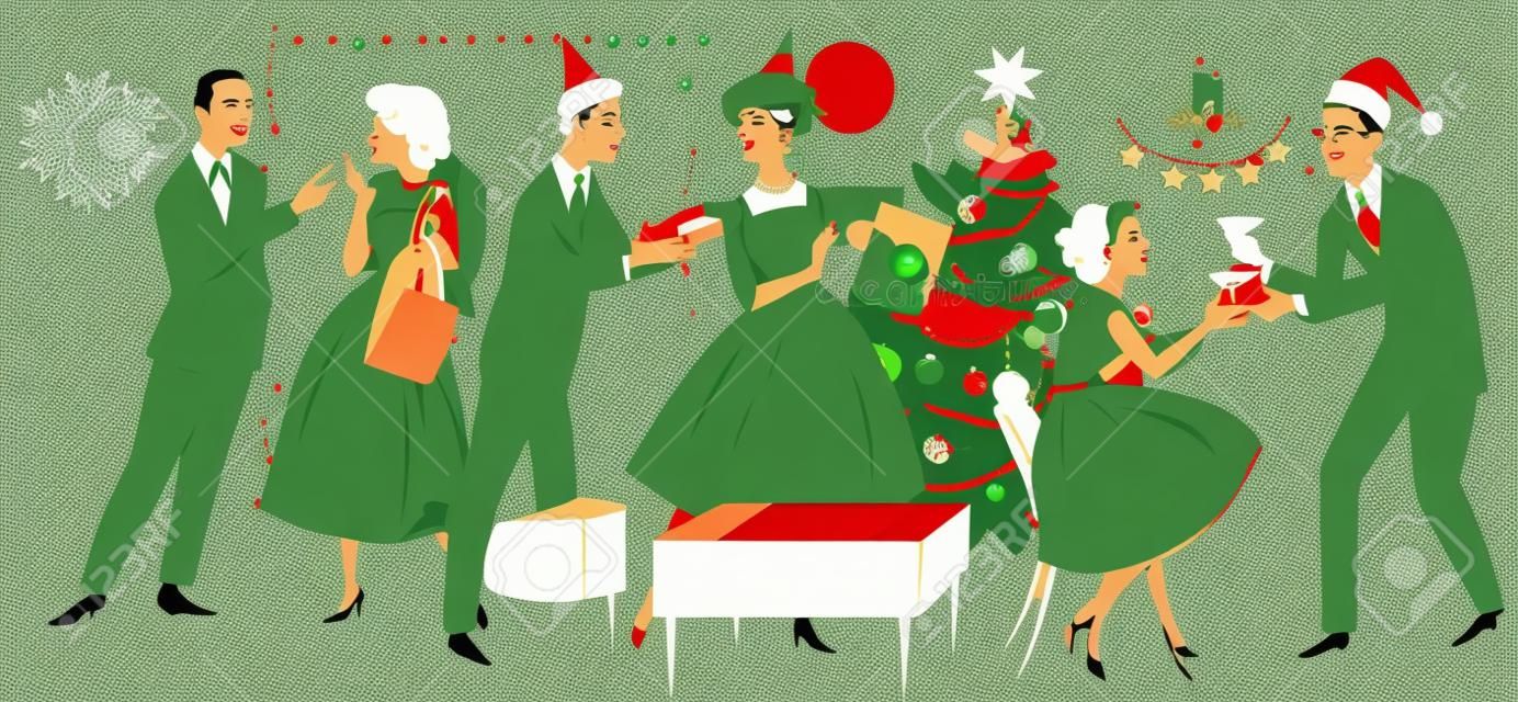 Retro styled vector illustration, group of people dressed in 1950s fashion, celebrating Christmas of New Year, no transparencies
