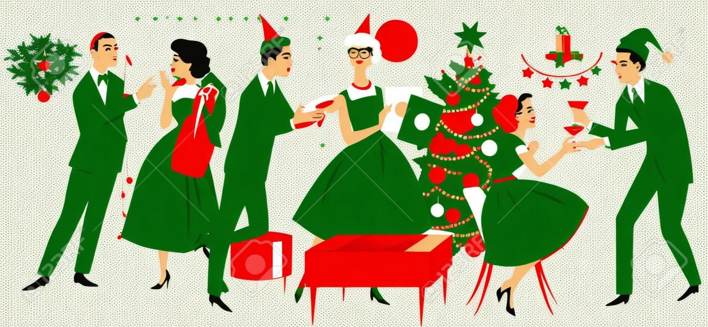 Retro estilo ilustração vetorial, grupo de pessoas vestidas em 1950 moda, celebrando o Natal de Ano Novo, sem transparências