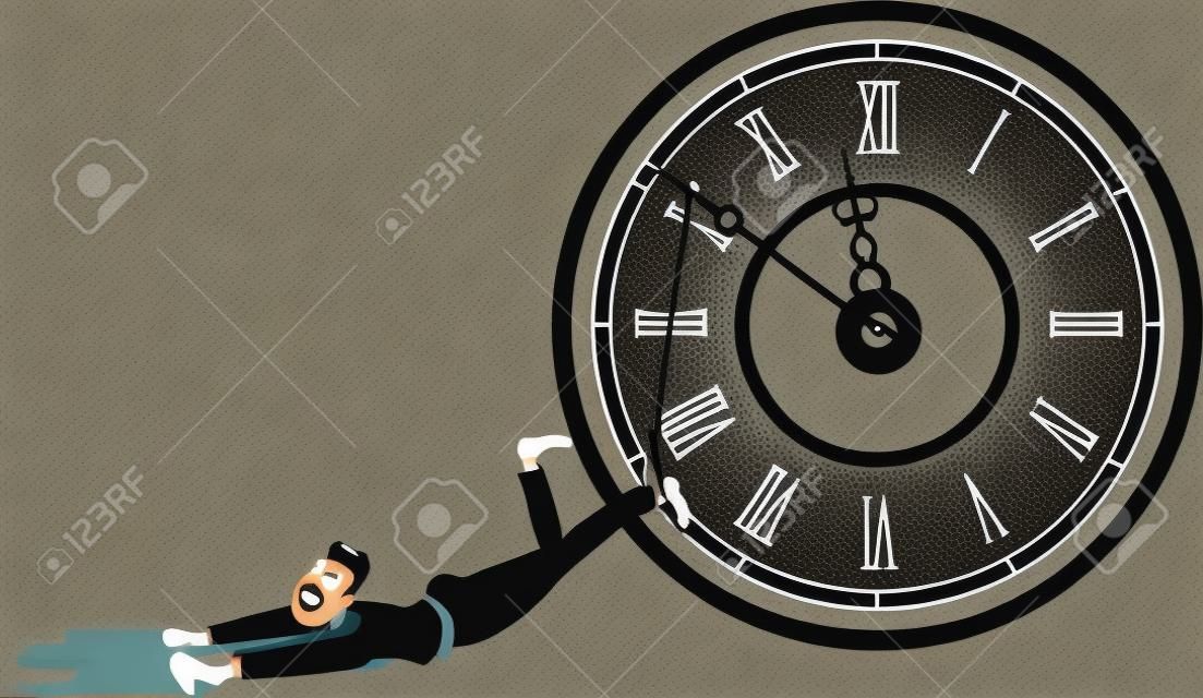 Man is dragged by his feet tide to a clock arm, EPS 8 vector illustration