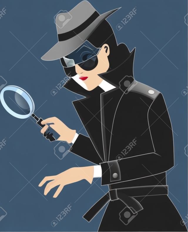 Agent secret féminin ou détective privé avec une loupe, EPS 8 silhouette vectorielle sans objets blancs, noir seulement