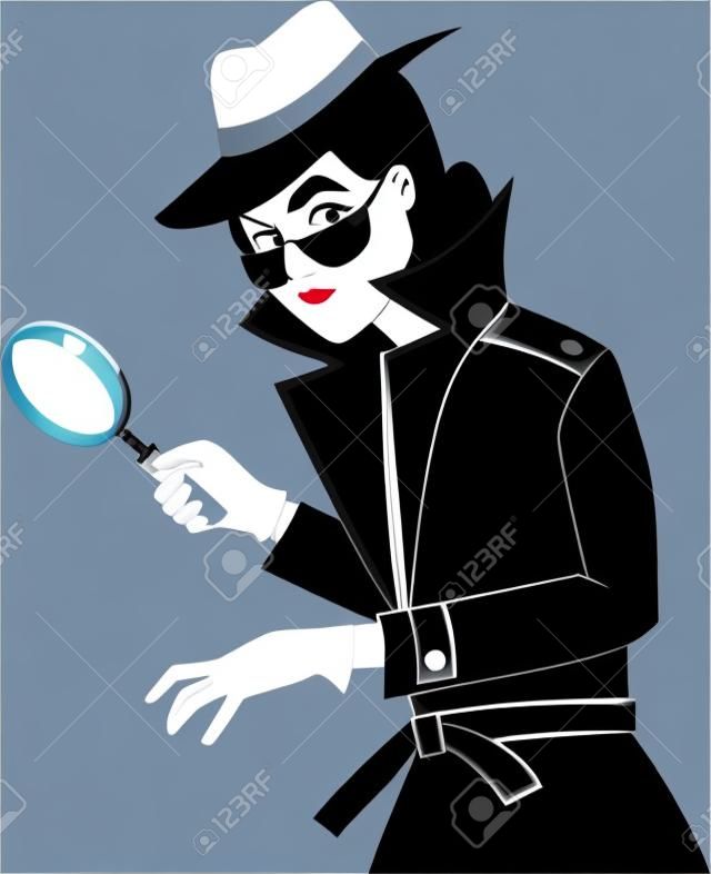 Female secret agent or private detective with a magnifying glass, EPS 8 vector silhouette no white objects, black only