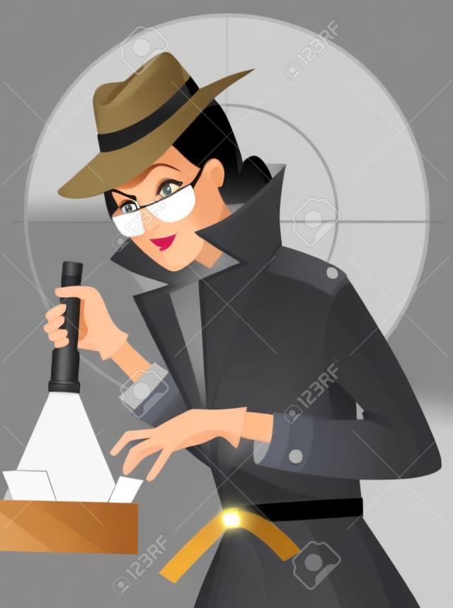 Vrouwelijke geheim agent of privé-detective doorzoekt een dossierkast, EPS 8 vector illustratie