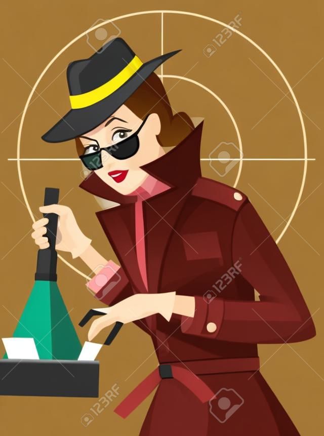 Female secret agent or private detective searching a file cabinet, EPS 8 vector illustration