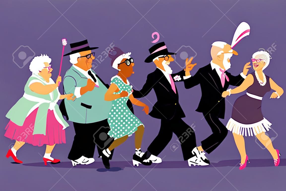 一群活躍的老年人穿著復古時尚跳舞conga線，矢量圖