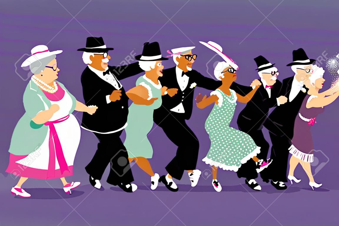 Group of active seniors dressed in retro fashion dancing conga line, vector illustration