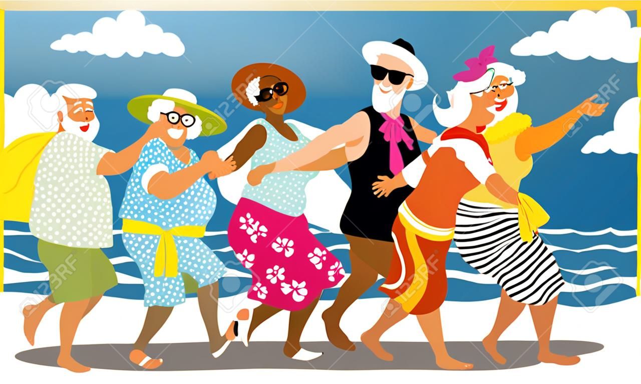 Groep actieve senioren dansen een conga line dans op het strand, EPS 8 vector illustratie