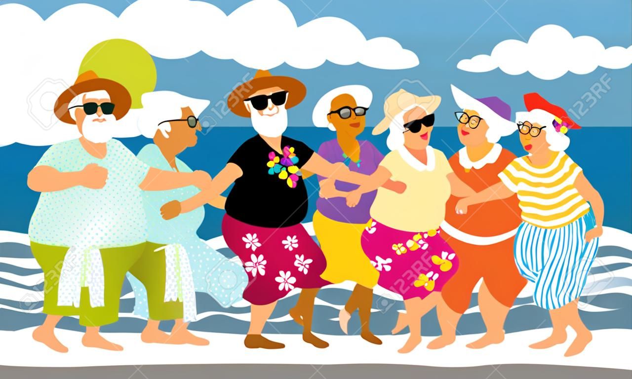 Groupe d'aînés actifs dansant une danse de ligne de la conga sur la plage, illustration vectorielle EPS 8