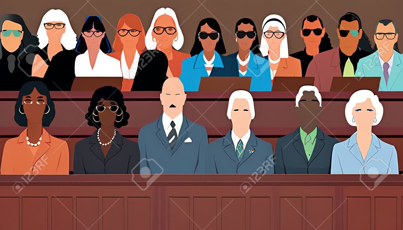 12名陪审员坐在陪审团里的法庭审判插图中。