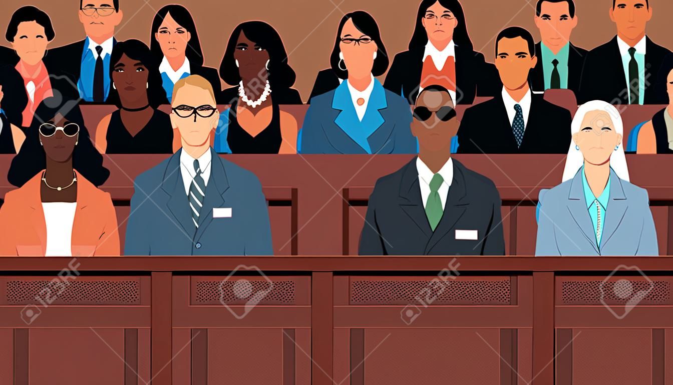 12 jurors sit in a jury box at a court trial illustration.