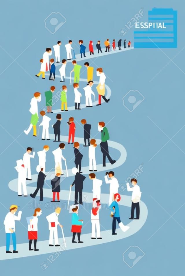 Larga fila de pacientes que van a un hospital, ilustración vectorial EPS 8